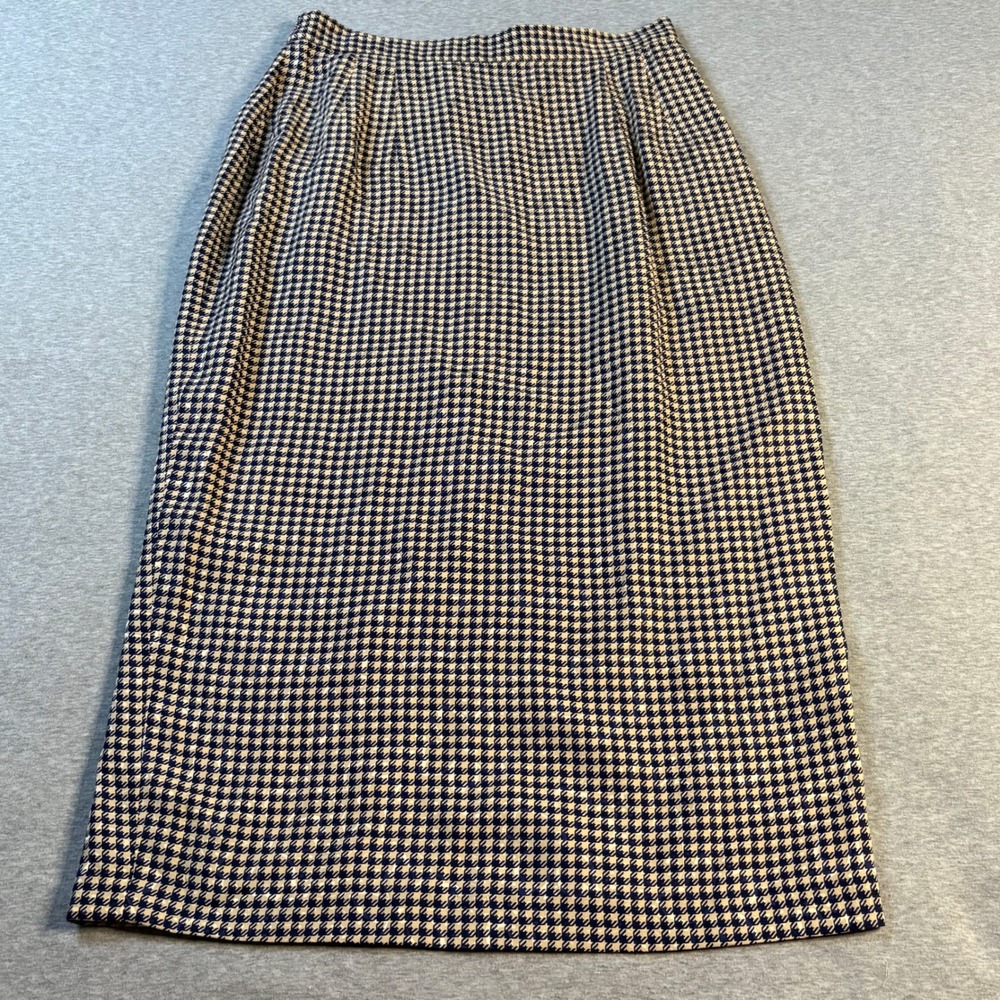 Nancy‎ Johnson Vintage 100% Silk Houndstooth Midi Pencil Skirt Navy Cream Size 8